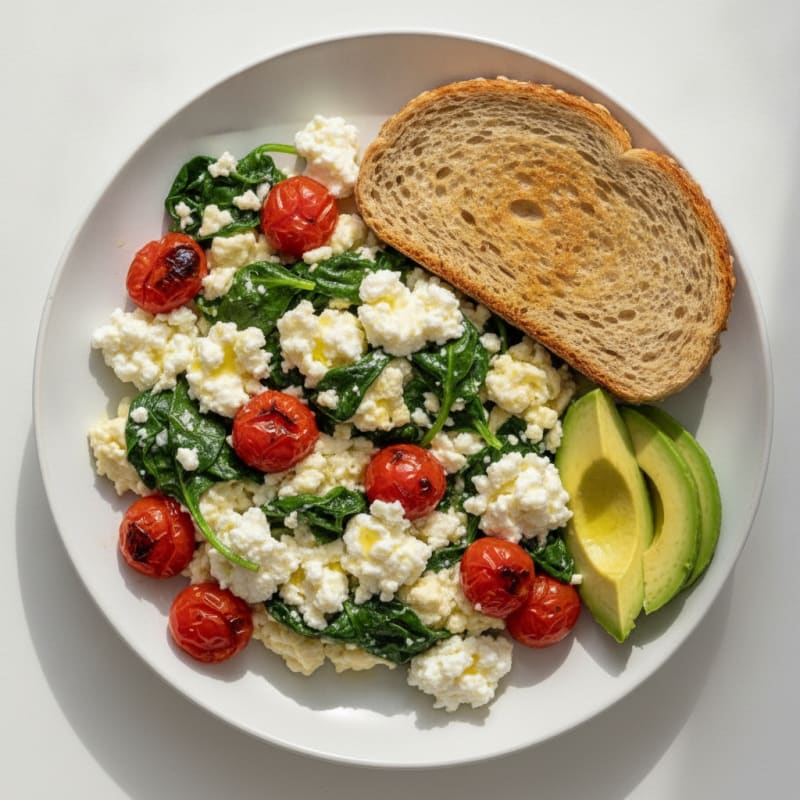 Egg White and Spinach Scramble with Cottage Cheese and Cherry Tomatoes