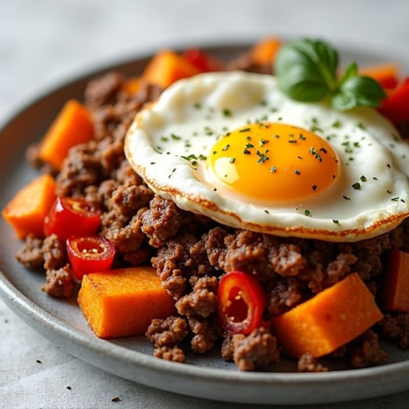 Savory Ground Beef and Crispy Sweet Potato Hash