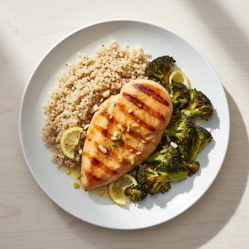 Grilled Lemon Garlic Chicken Breast with Quinoa and Roasted Broccoli
