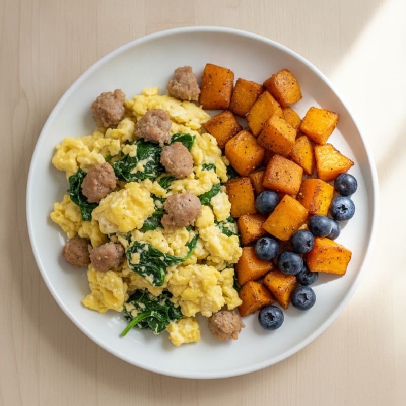 Egg and Turkey Sausage Scramble with Roasted Sweet Potatoes