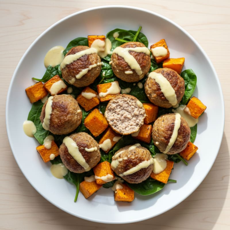 Golden Roasted Sweet Potato & Meatball Bowl