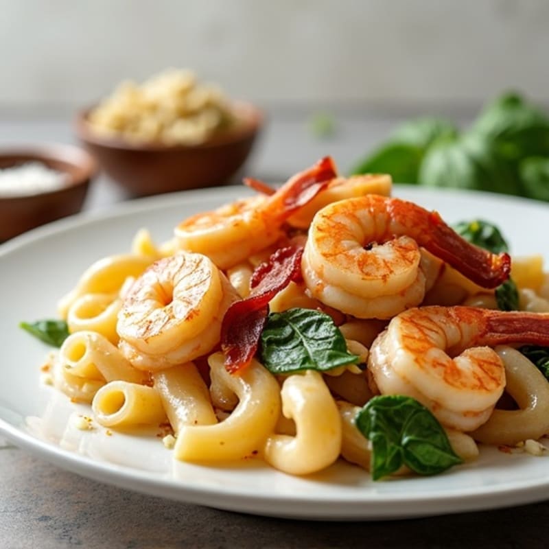 Creamy Garlic Shrimp and Crispy Bacon Pasta