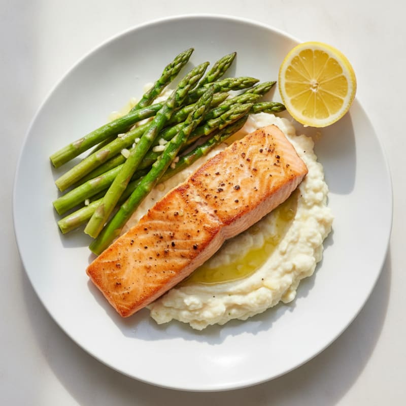 Seared Salmon with Steamed Asparagus and Cauliflower Mash