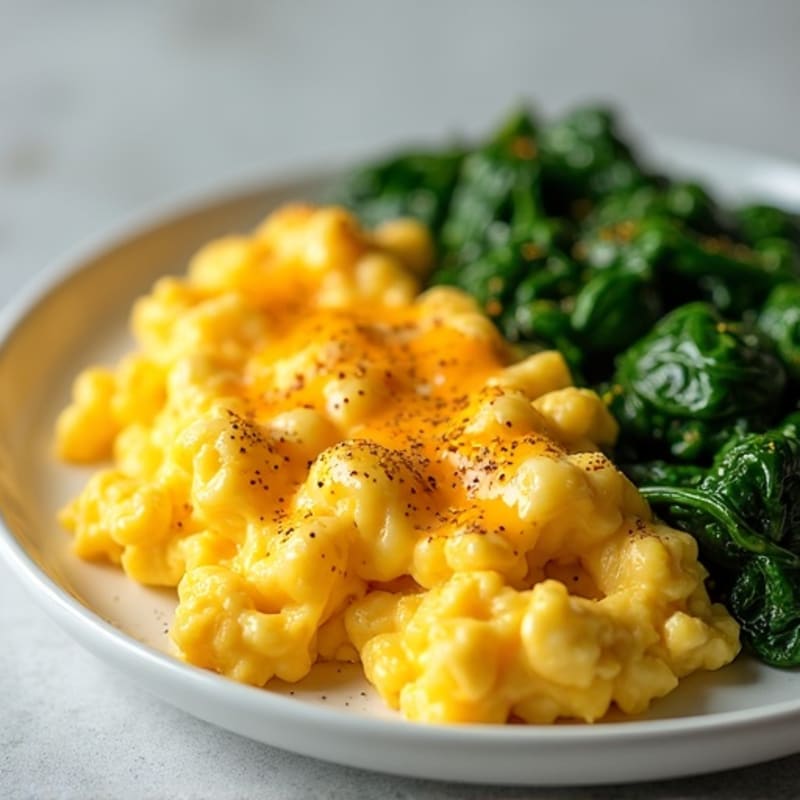 Cheesy Scrambled Eggs with Sautéed Spinach