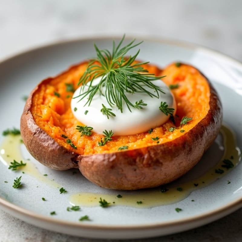 Crispy-Skin Sweet Potato with Greek Yogurt and Herbs