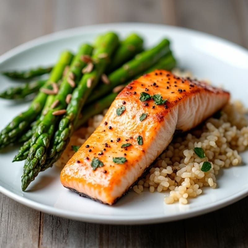 Seared Salmon with Steamed Asparagus and Brown Rice