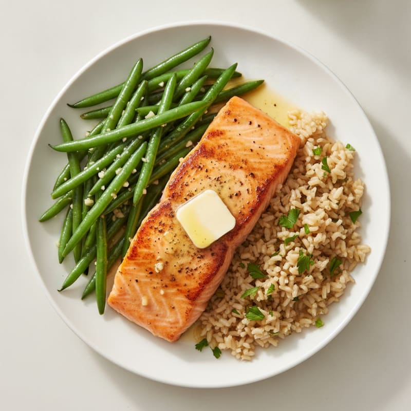 Seared Salmon with Garlic Green Beans and Herb Rice