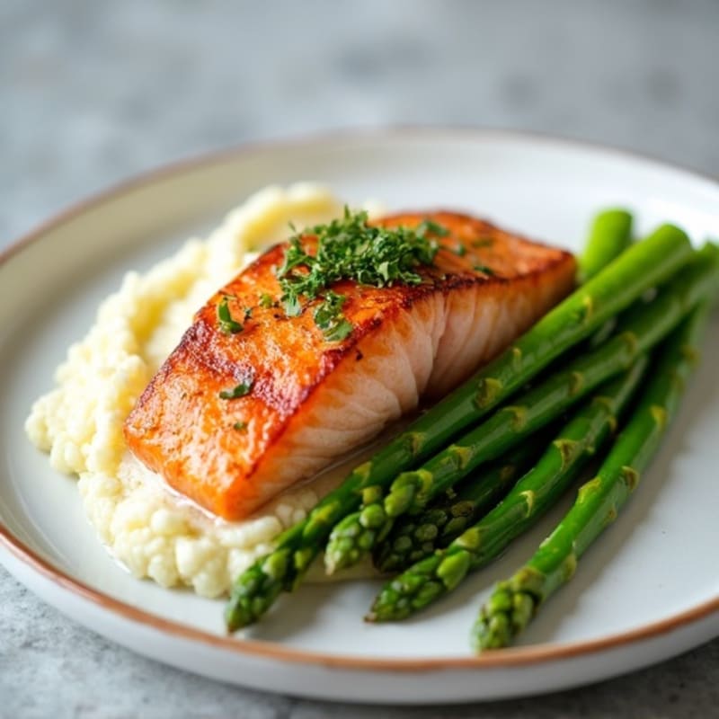 Seared Salmon with Steamed Asparagus and Cauliflower Mash