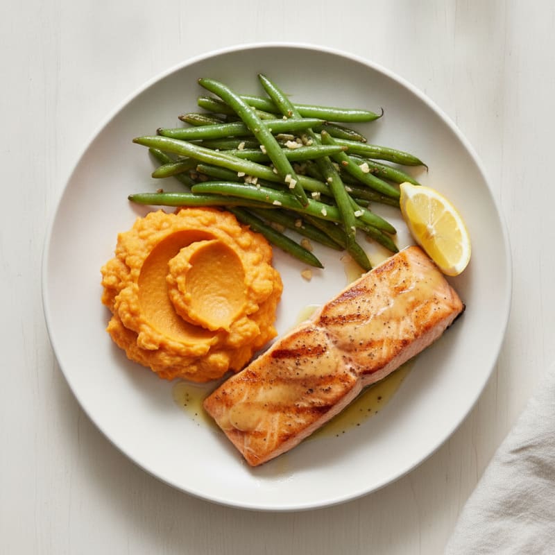 Seared Salmon with Garlic Green Beans and Sweet Potato Mash