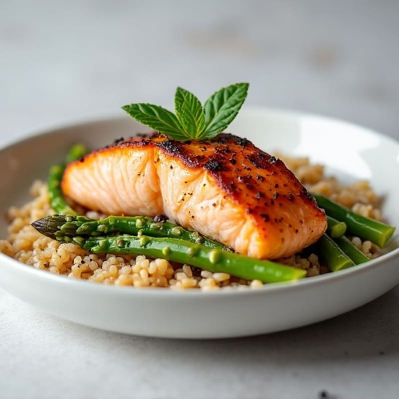 Seared Salmon with Steamed Asparagus and Brown Rice
