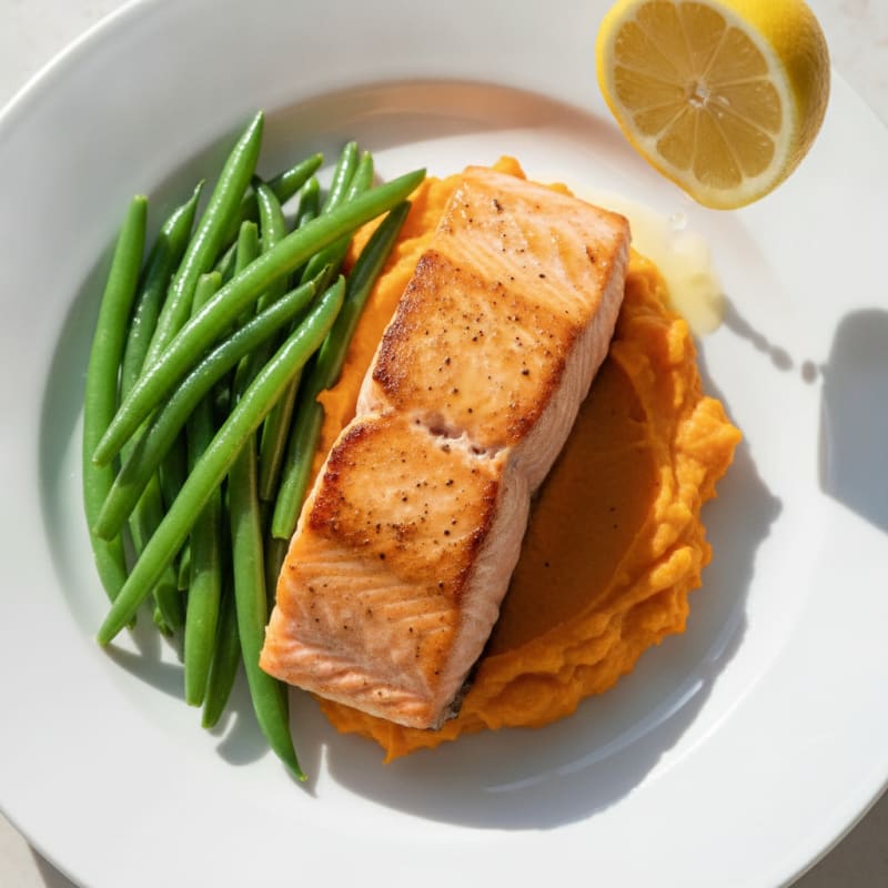 Seared Salmon Fillet with Steamed Green Beans and Sweet Potato Mash