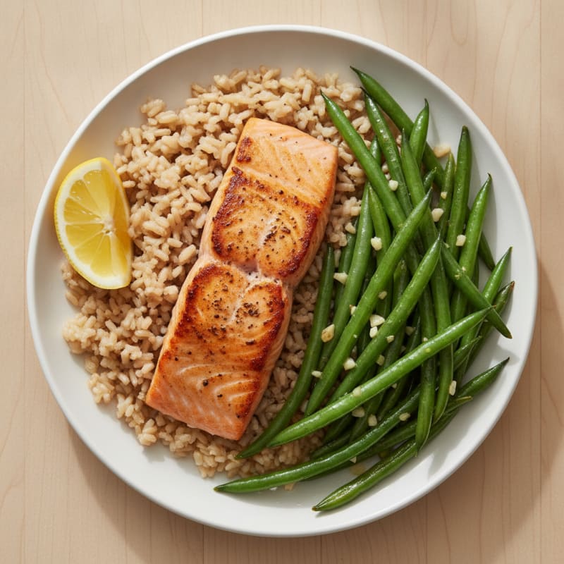 Seared Salmon with Garlic Green Beans and Brown Rice