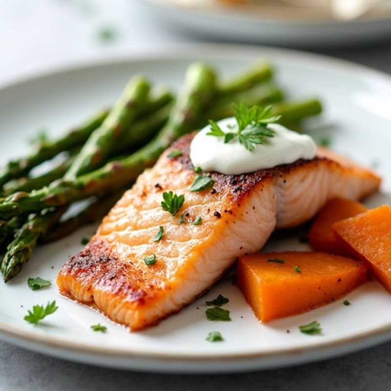 Seared Salmon with Roasted Sweet Potato and Asparagus