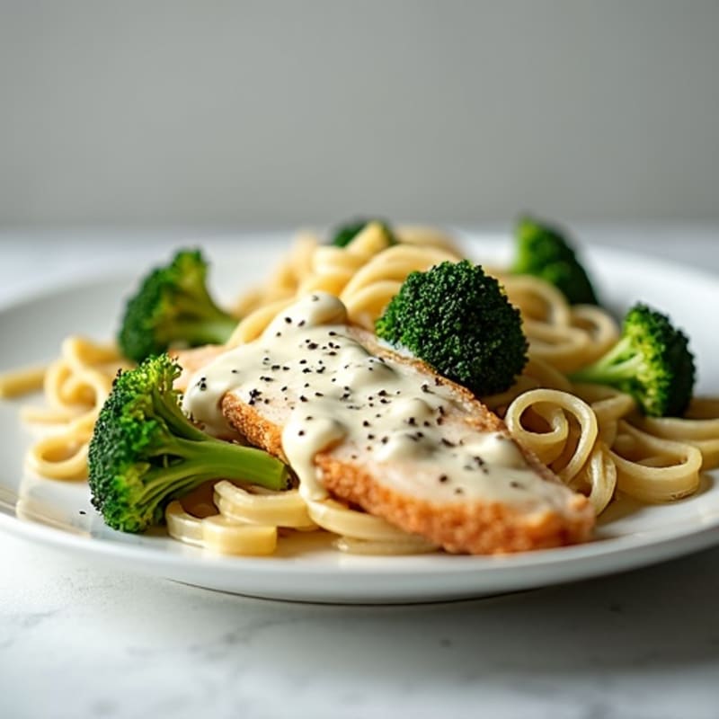 Creamy Chicken Alfredo with Whole Wheat Pasta and Roasted Broccoli