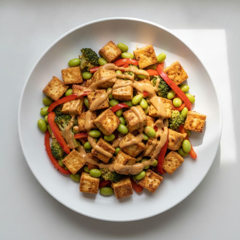 Tofu Edamame Stir-Fry with Peanut Sauce