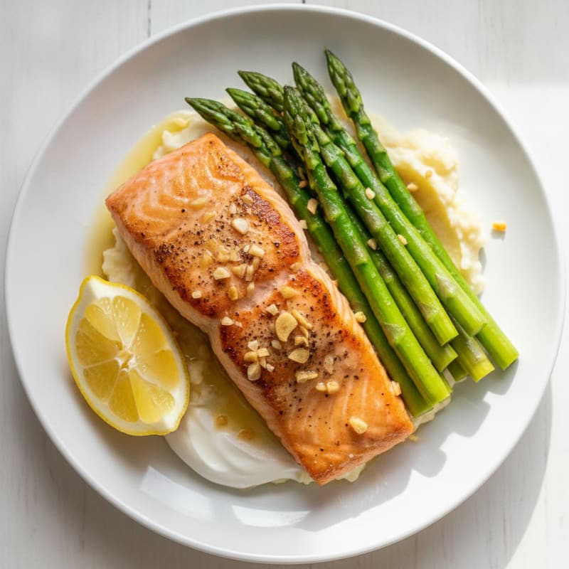 Seared Salmon with Steamed Asparagus and Cauliflower Mash