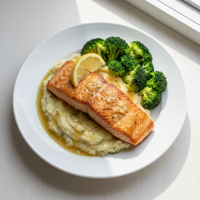Seared Salmon with Creamy Garlic Mashed Potatoes and Steamed Broccoli