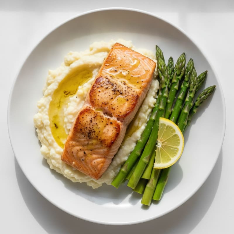 Seared Salmon with Steamed Asparagus and Garlic Cauliflower Mash