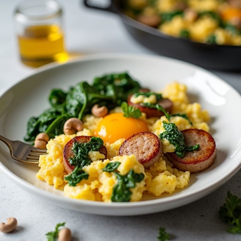 Egg White and Turkey Sausage Scramble with Sautéed Spinach