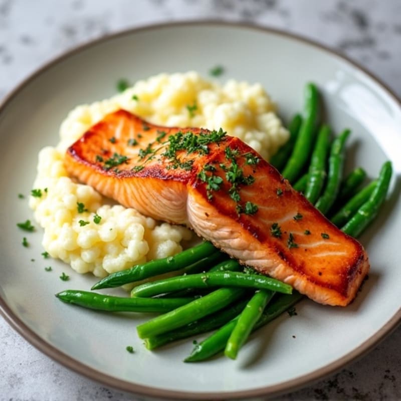 Seared Salmon with Steamed Green Beans and Garlic Mashed Cauliflower