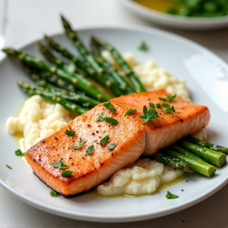Seared Salmon with Steamed Asparagus and Cauliflower Mash