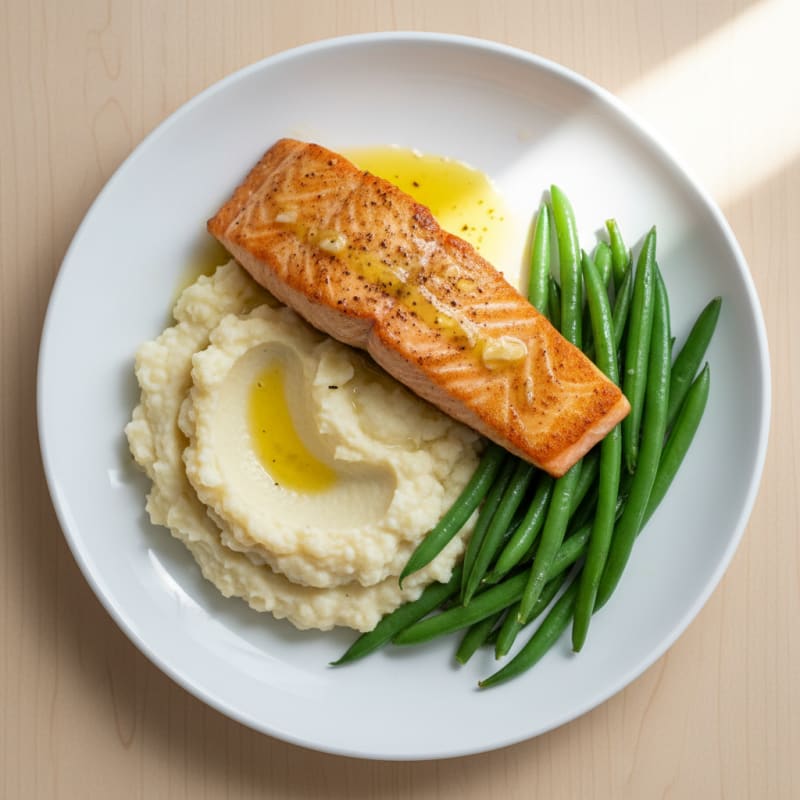 Seared Salmon with Steamed Green Beans and Cauliflower Mash