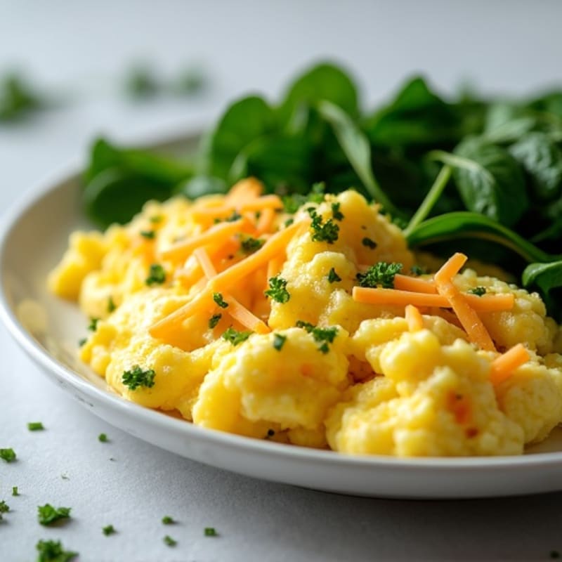Fluffy Scrambled Eggs with Fresh Herbs and Sautéed Spinach