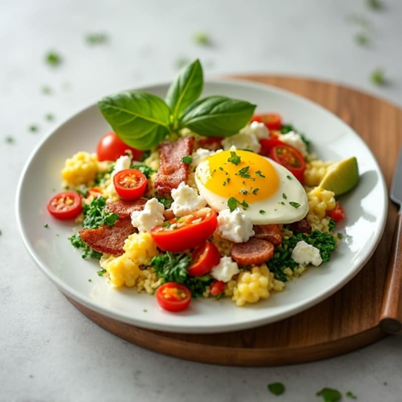 Egg White Veggie Scramble with Cottage Cheese and Turkey Bacon