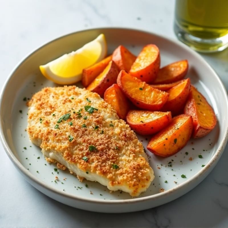 Crispy Baked Cod with Seasoned Sweet Potato Wedges