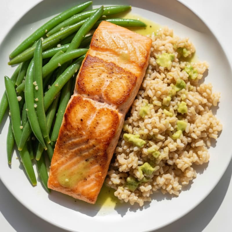 Seared Salmon with Garlic Green Beans and Brown Rice