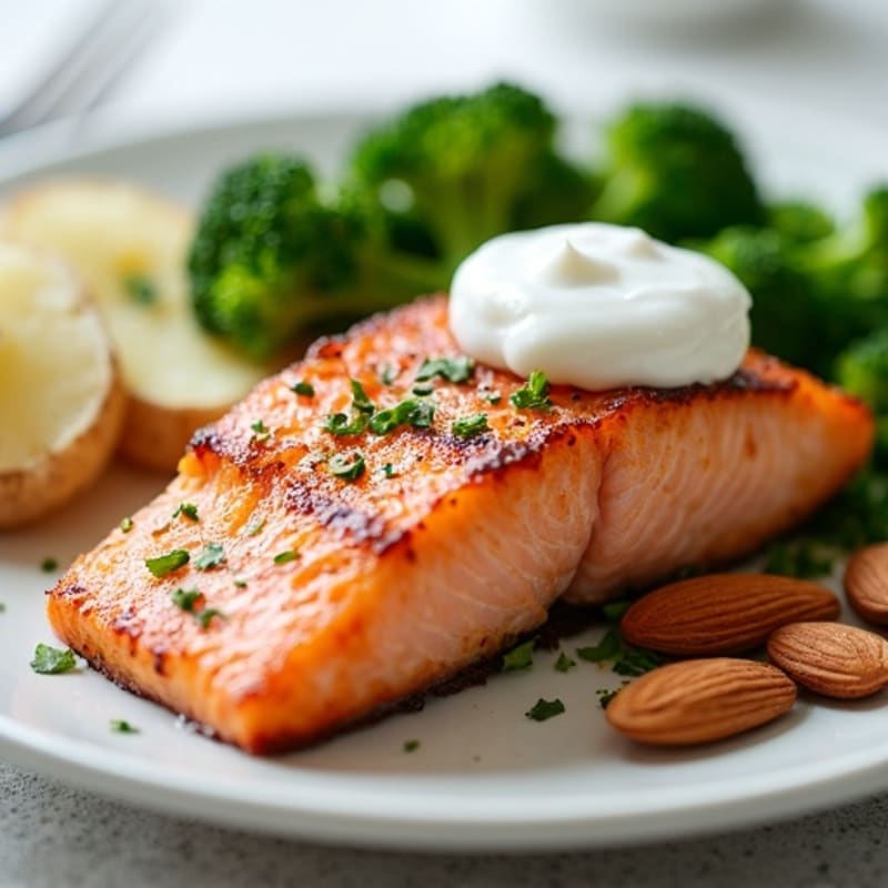 Pan-Seared Salmon with Baked Potato and Steamed Broccoli