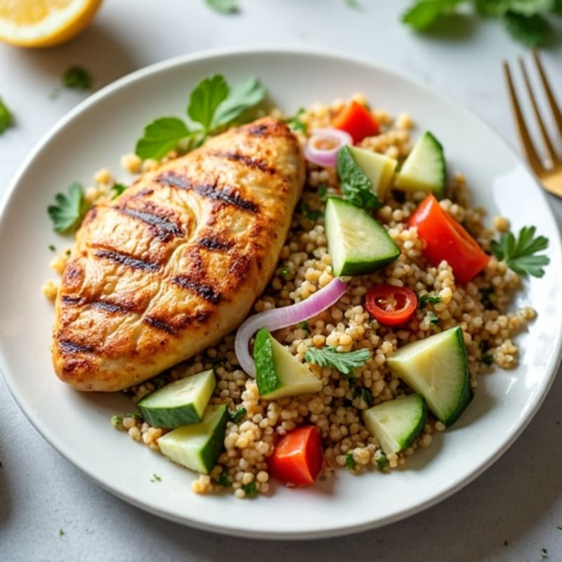 Grilled Chicken Breast with Crunchy Quinoa Salad and Lemon Tahini Dressing