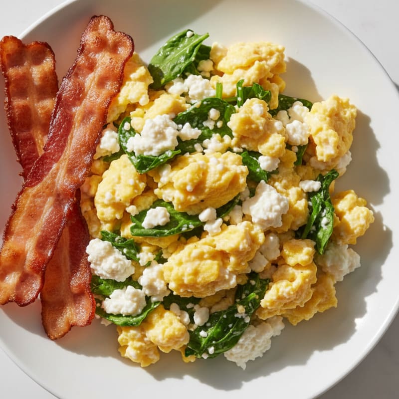 Cottage Cheese Egg Scramble with Spinach and Turkey Bacon
