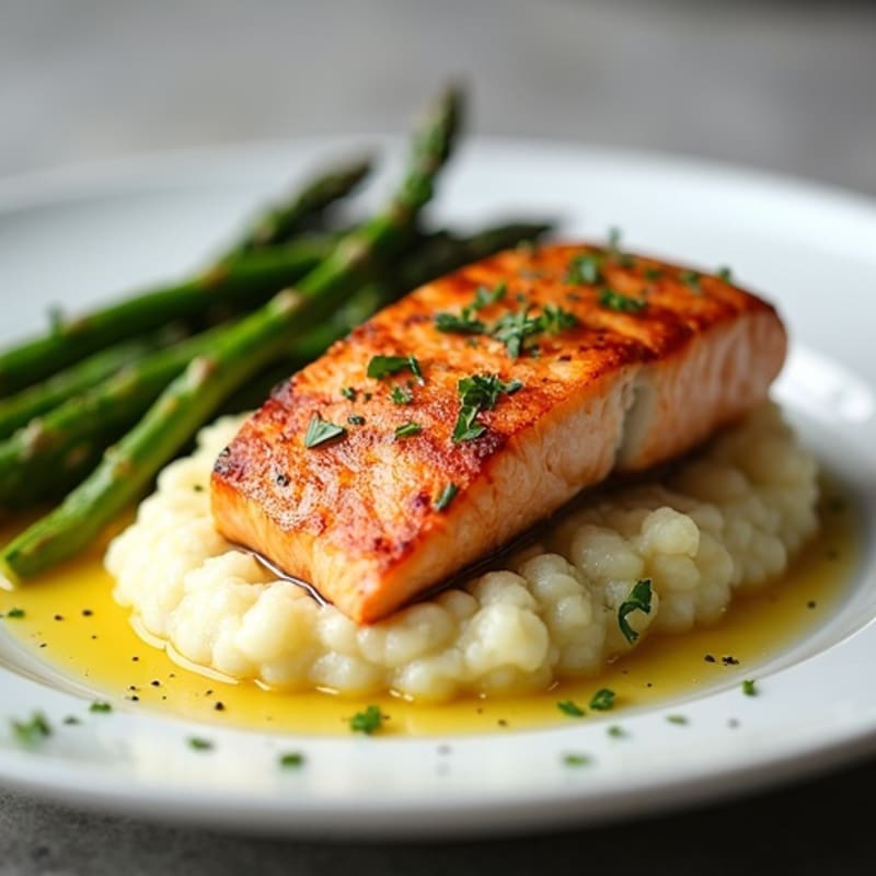 Seared Salmon Fillet with Roasted Asparagus and Cauliflower Mash