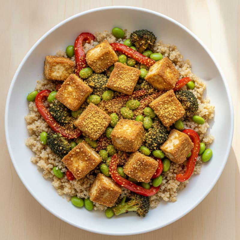 Crispy Tofu Power Bowl with Quinoa and Roasted Vegetables