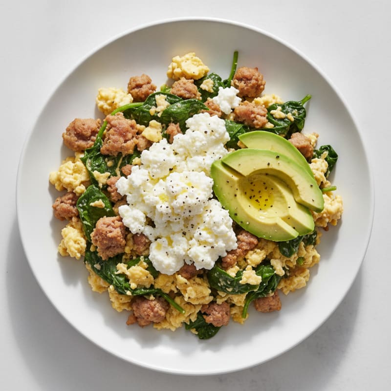 Egg White and Turkey Sausage Scramble with Cottage Cheese and Sautéed Spinach