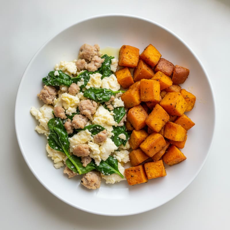 Egg White and Turkey Sausage Scramble with Spinach and Roasted Sweet Potatoes