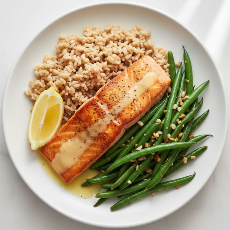 Seared Salmon with Garlic Green Beans and Brown Rice