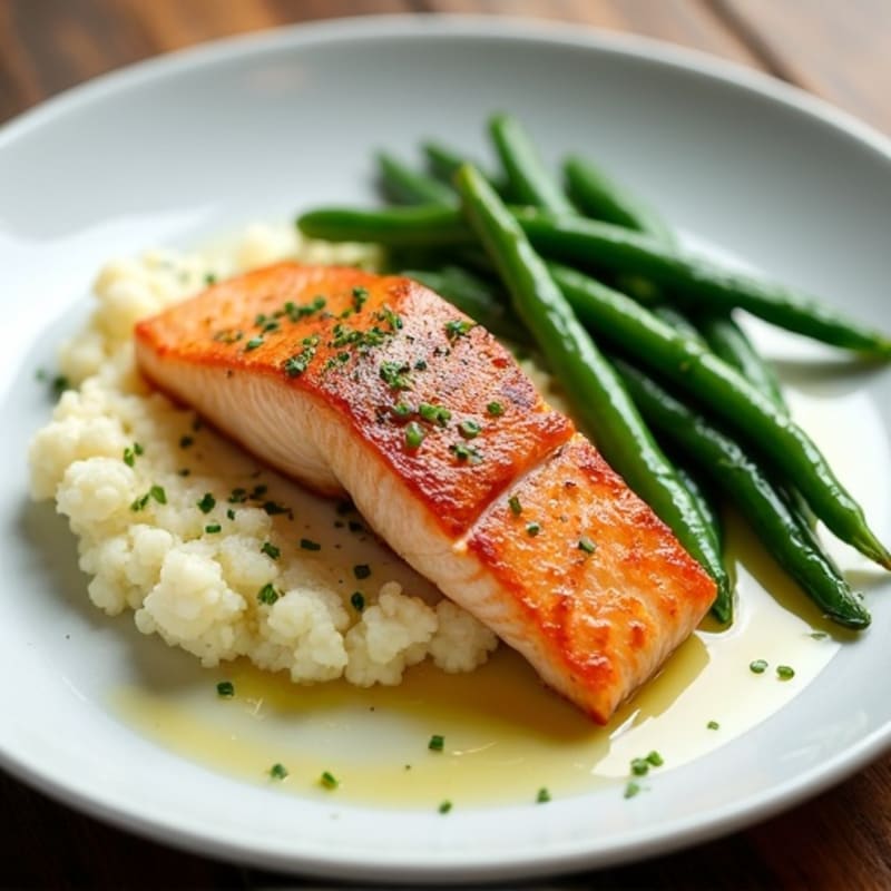 Seared Salmon with Garlic Green Beans and Cauliflower Mash