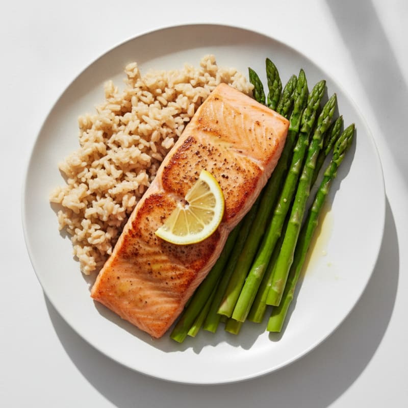 Seared Salmon Fillet with Steamed Asparagus and Brown Rice