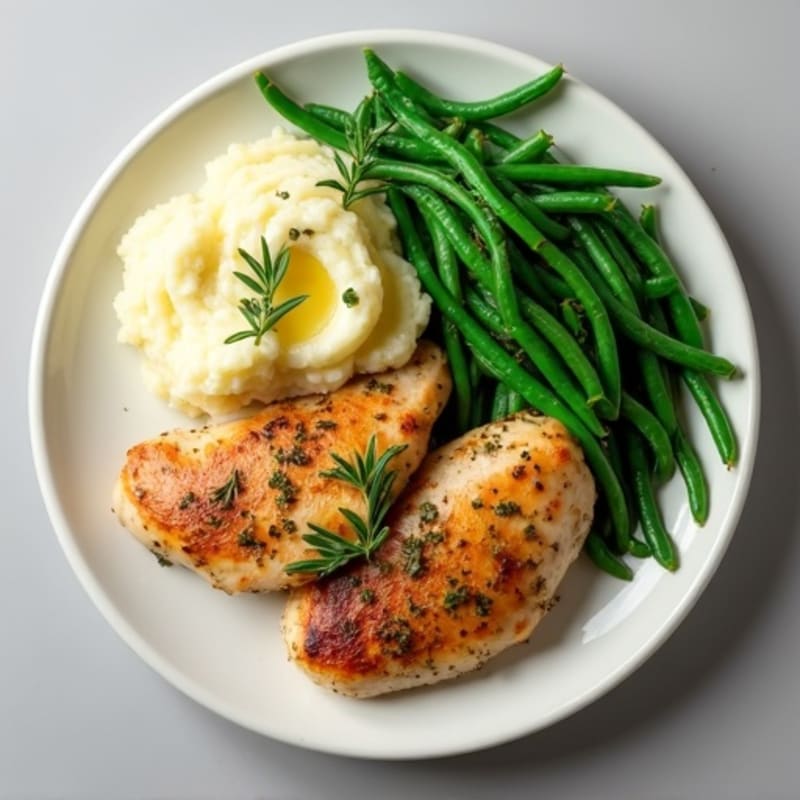 Herb-Roasted Chicken with Creamy Mashed Potatoes and Crispy Green Beans
