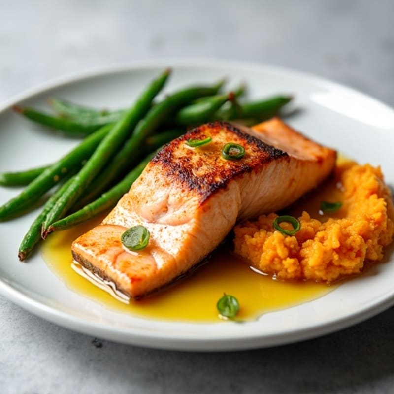 Seared Salmon with Garlic Green Beans and Sweet Potato Mash