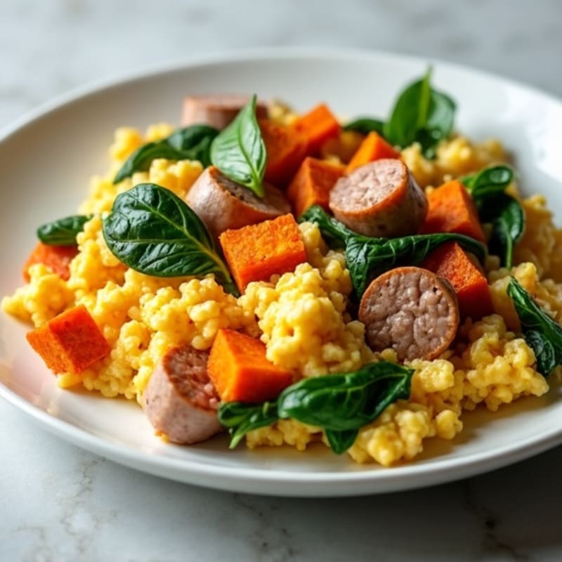 Egg White and Turkey Sausage Scramble with Spinach and Roasted Sweet Potato