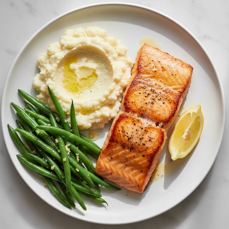 Seared Salmon with Garlic Green Beans and Cauliflower Mash