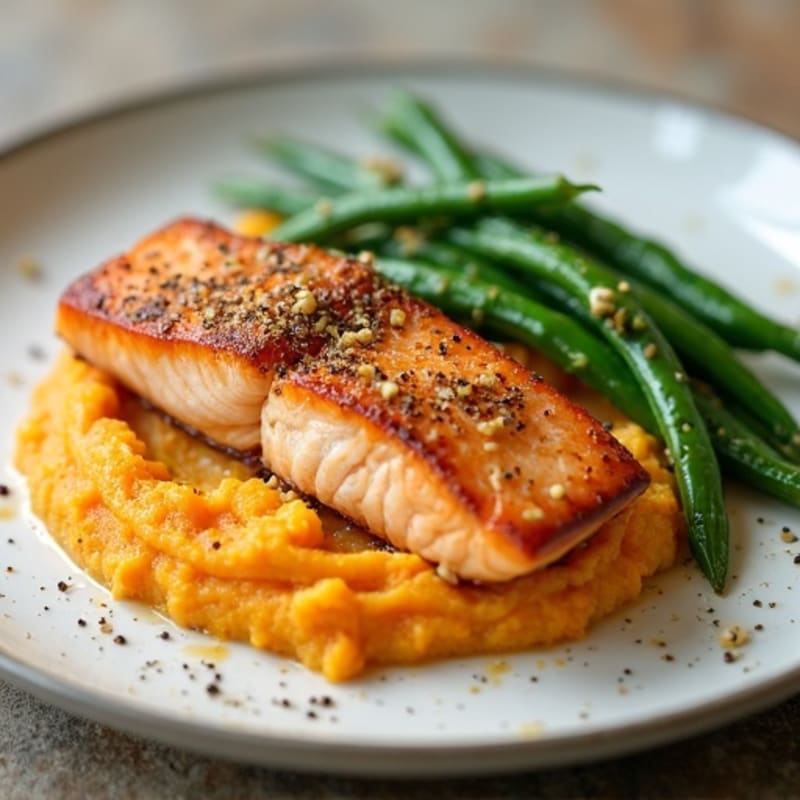 Seared Salmon with Garlic Green Beans and Mashed Sweet Potato