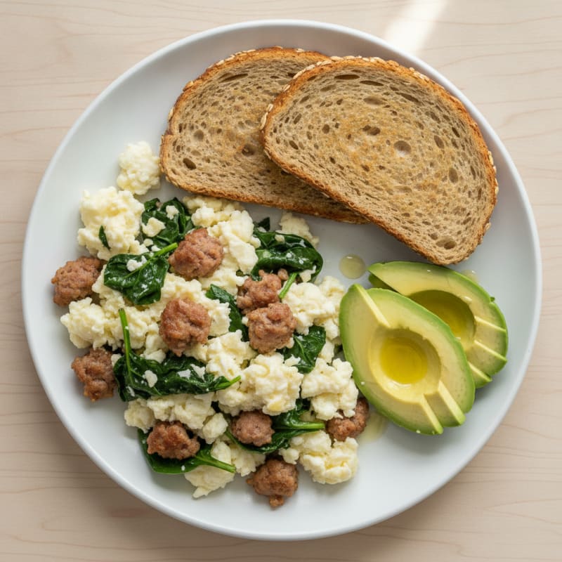 Egg White Spinach Scramble with Turkey Sausage