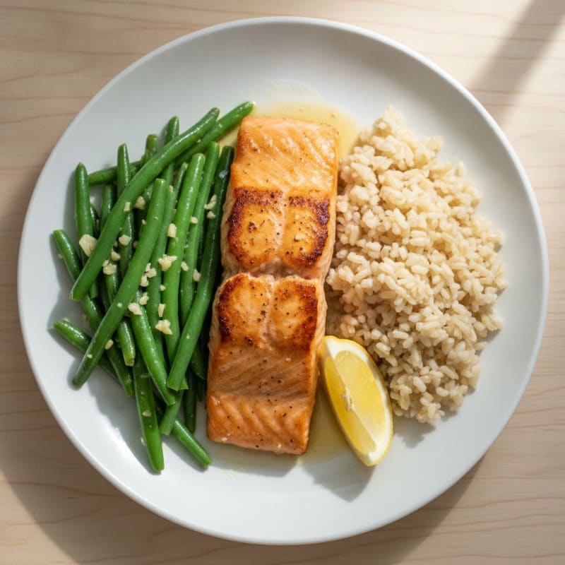 Seared Salmon with Garlic Green Beans and Steamed Brown Rice