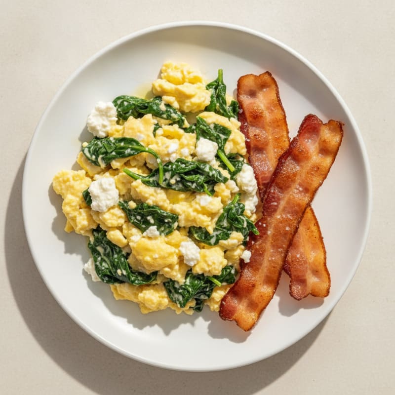 Cottage Cheese Egg Scramble with Spinach and Turkey Bacon