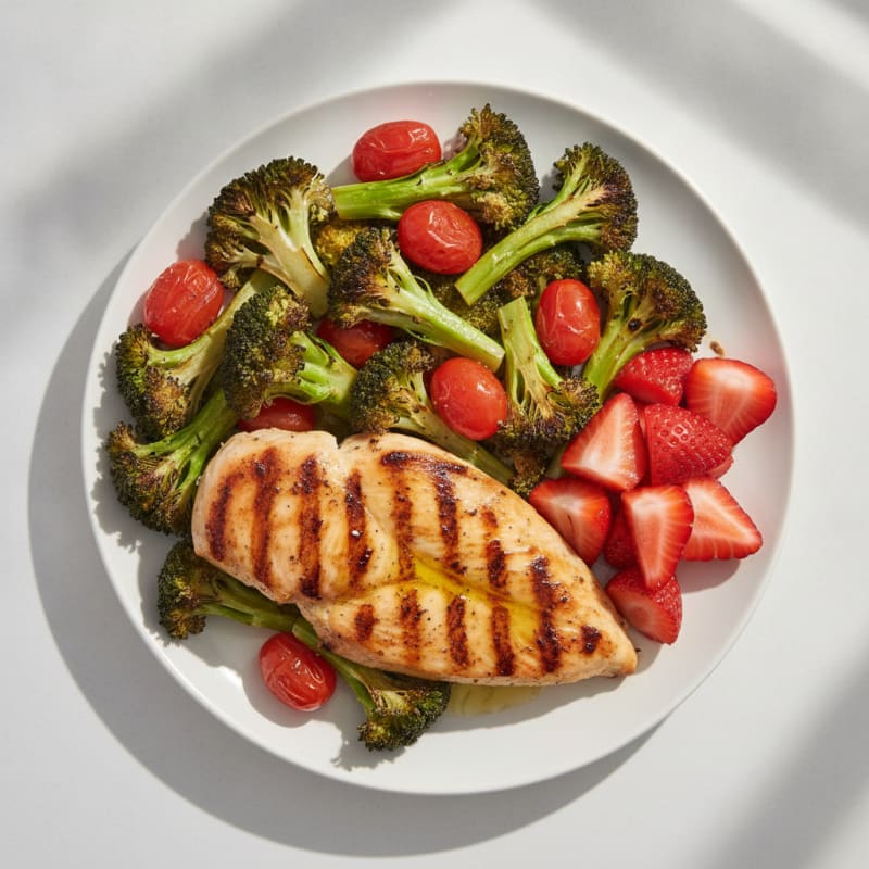 Grilled Chicken Breast with Roasted Broccoli and Cherry Tomatoes