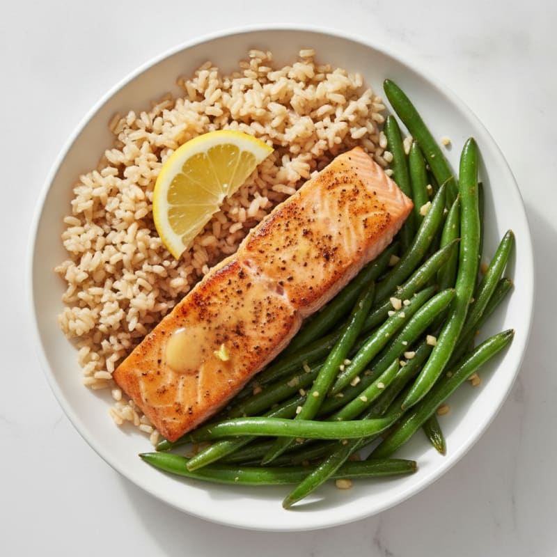 Seared Salmon with Garlic Green Beans and Brown Rice